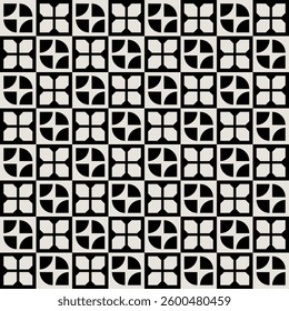 Seamless mid-century geometric flower pattern in black and white. Graphical illustration for a unique wall decor, textiles and interior design.