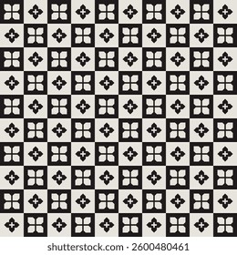 Seamless mid-century geometric flower pattern in black and white. Graphical illustration for a unique wall decor, textiles and interior design.