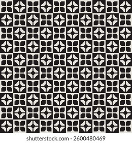Seamless mid-century geometric flower pattern in black and white. Graphical illustration for a unique wall decor, textiles and interior design.
