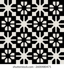 Seamless mid-century geometric flower pattern in black and white. Graphical illustration for a unique wall decor, textiles and interior design.