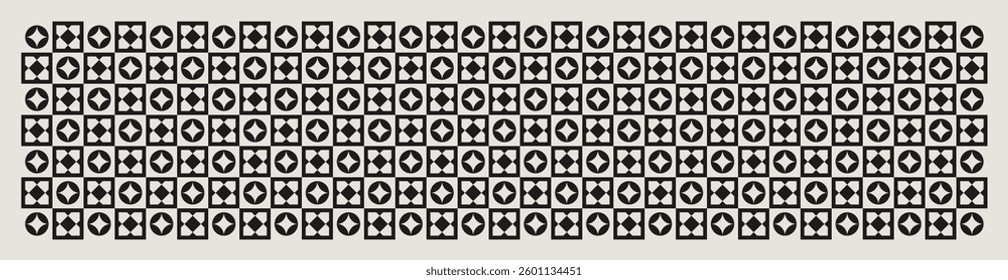 Seamless mid-century geometric flower pattern in black and white. Graphical illustration for a unique banners, textiles and interior design.