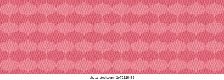 Padrão de reticulado moderno contínuo do meio do século com formas de ogee ornamental rosa no fundo vermelho. Perfeito para tecido, papel de parede, embalagem, e projetos de design retro elegante.