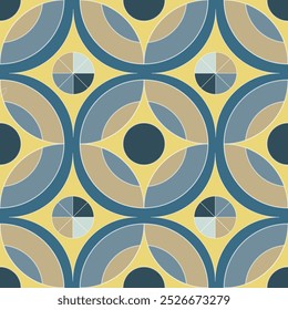 Seamless mid-century modern pattern featuring overlapping circles. Bold yellow background with teal, blue, and beige elements. Perfect for retro-inspired textile, decoration, and abstract designs.