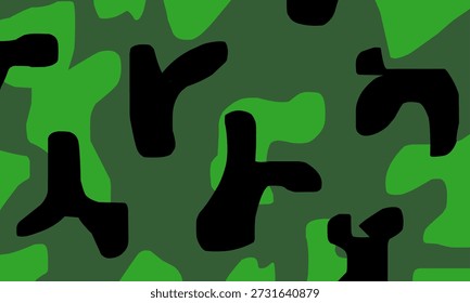 Fondo de patrón de camuflaje militar sin fisuras con varios tonos de Formas orgánicas verdes y negras. Este diseño clásico de camuflaje forestal es adecuado para equipo de caza, ropa táctica, gráficos de temática militar, impresiones textiles y ropa de exterior.