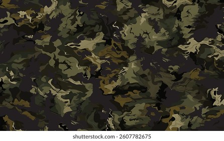 Seamless Military Camouflage Pattern in Dark Green, Brown, and Black Tones  Army Texture Background.