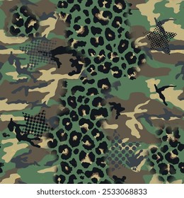 Seamless military camouflage pattern with dotted star and wild african animal leopard skin background elements in green, brown, ecru and black