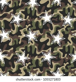 Seamless military camouflage, white stars texture. Army green hunting, camouflage background for textiles and design. Vector graphic illustration. Fashionable style