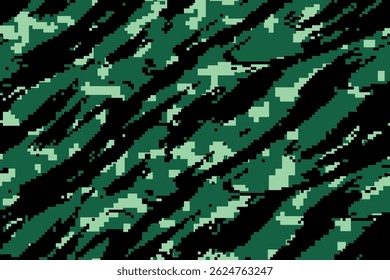 Seamless military digital pixel pattern in green black colors with geometric waves. Monochrome urban camouflage pixel ornament sport textile, girl and boy clothes, wrapping paper. Glitch background
