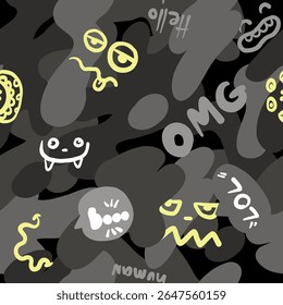 Seamless military pattern with faces, bubble speech. Vector background for textile and fabric, wrapping paper, socks, clothes, web, stationery and other designs.