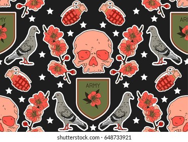 Seamless military pattern. Set of stickers, pins, patches and handwritten notes collection in cartoon.Skull, bird, grenade and roses. Vector illustration