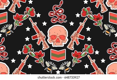 Seamless military pattern. Set of stickers, pins, patches and handwritten notes collection in cartoon.Skull, carabine, snake and roses. Vector illustration