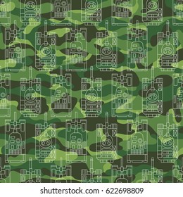 Seamless military pattern with tanks on camouflage background. Can be used for graphic design, textile design or web design.
