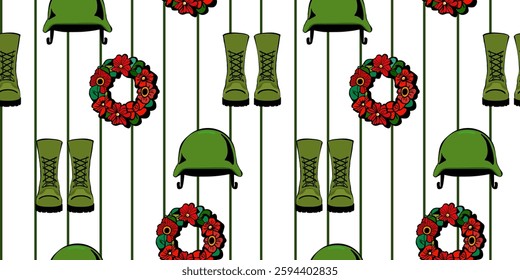 A seamless military tribute pattern featuring helmets, boots and flower wreaths, a green stripe symbolizing memory, sacrifice and honoring fallen soldiers, and Remembrance Day