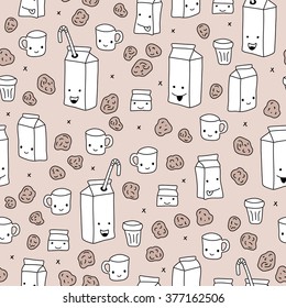 Seamless milk juice and chocolate chip cookies can carton and cup illustration background pattern in vector