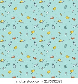 seamless milk production pattern. vector doodle illustration with milk products icon. pattern with milk food