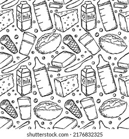 seamless milk production pattern. vector doodle illustration with milk products icon. pattern with milk food