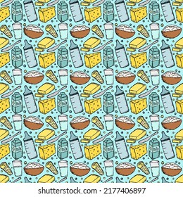 seamless milk production pattern. vector doodle illustration with milk products icon. pattern with milk food