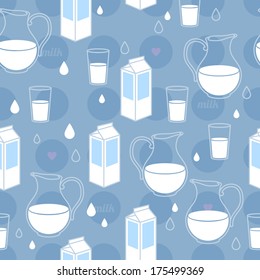 Seamless milk theme pattern. Box, glass and jar. Blue color.