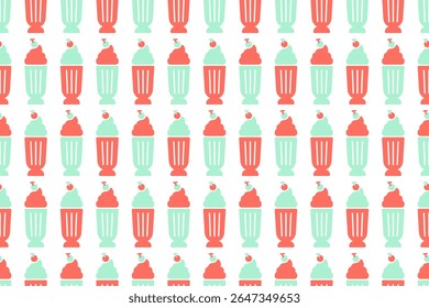 Padrão de milkshake contínuo com coberturas de cereja em cores alternadas de pêssego e hortelã no fundo branco.