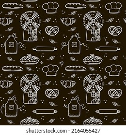Seamless mill and baking pattern, hand-drawn doodle-style elements. Mill, chef's hat, apron, rolling pin, bread, croissant and bagel. Elements on black background.
