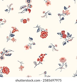 Seamless Millefleurs Floral Pattern with Small Hand-Drawn Flowers in Liberty Style. Vintage Spring Bouquet Design for Fashion Prints.