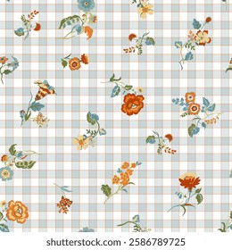 Seamless Millefleurs Floral Pattern with Small Hand-Drawn Flowers in Liberty Style. Vintage Spring Bouquet Design for Fashion Prints. Retro Checkered Pattern