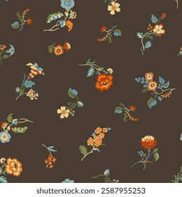 Seamless Millefleurs Floral Pattern with Small Hand-Drawn Flowers in Liberty Style. Vintage Spring Bouquet Design for Fashion Prints. Autumn Floral Pattern