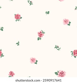 Seamless Millefleurs Floral Pattern with Small Hand-Drawn Flowers Roses in Liberty Style. Vintage Spring Bouquet Design for Fashion Prints. Small Roses on Light Background, Rococo. Rustic