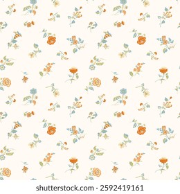 Seamless Millefleurs Floral Pattern with Small Hand-Drawn Flowers in Liberty Style. Vintage Spring Bouquet Design for Fashion Prints