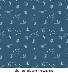 Seamless Mini Hand Drawn Owl Pattern / Vector Illustration / White Lines on Midnight Navy Background / Global Colors saved with Pattern Swatches
