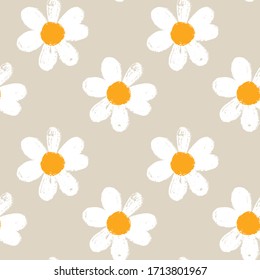 Seamless minimal botanical pattern with daisies. Printable hand draw background for textile pillow, shirt, toy, card. Vector Illustration