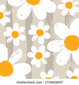 Seamless minimal botanical pattern with daisies. Printable hand draw background for textile pillow, shirt, toy, card. Vector Illustration