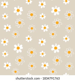 Seamless minimal botanical pattern with daisies. Printable hand draw background for textile pillow, shirt, toy, card. Vector Illustration