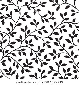 Seamless Minimal Botanical Vine Pattern with Elegant Black Leaves on White Background