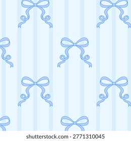 Seamless minimal bow pattern in blue tones. Simple hand drawn ribbon background for textile, packaging and nursery design.
