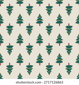 Um padrão de Natal mínimo sem costura apresenta elementos festivos tradicionais. Simplicidade e charme de férias atemporais.