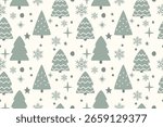 A seamless minimal Christmas pattern featuring stylized pine trees, snowflakes, and stars in soft muted green. Perfect for modern holiday wrapping paper, fabric, and seasonal backgrounds.
