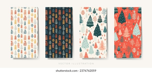 Seamless minimal Christmas patterns with trees. Xmas print. Wallpaper for smartphone background, home screen, vector illustration