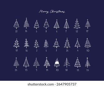 Calendário de Advento de Árvore de Natal Mínimo Contínuo - Fundo de Feriado Azul e Branco Doodle
