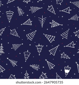Patrón mínimo inconsútil del árbol de navidad – Fondo azul y blanco de Doodle Festiva

