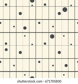 Seamless Minimal Circle and Line Pattern. Vector Monochrome Texture. Abstract Chaotic Background