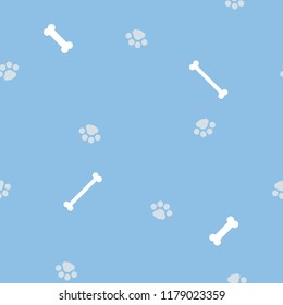 seamless minimal cute, kawaii, sweet, colorful, pastel animal pet dog foot print paw and bone repeat pattern in blue background flat vector illustration graphic design