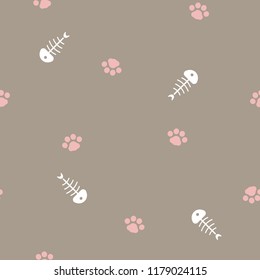 seamless minimal cute, sweet, colorful, pastel animal pet cat foot print paw and fish bone repeat pattern in brown background flat vector illustration design