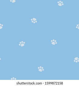 seamless minimal cute, sweet, pastel animal pet dog foot print paw repeat pattern in blue background, flat vector illustration graphic design