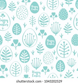 Seamless minimal easter vector pattern with eggs and spring leafs. For cards, invitations, albums, backgrounds and scrapbooks.