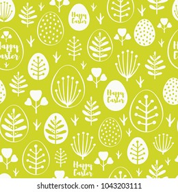 Seamless minimal easter vector pattern with eggs and spring leafs. For cards, invitations, albums, backgrounds and scrapbooks.