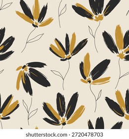 Padrão floral mínimo sem costura com escova abstrata pintou flores em preto e mostarda no fundo de creme para papel de parede de tecido têxtil design de superfície.