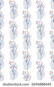 Seamless Minimal Floral Pattern on White Background. Soft Botanical Illustration Pattern for Textile and Print