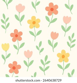 A seamless minimal floral pattern with soft pastel colors, featuring hand-drawn flowers and leaves on a light cream background.