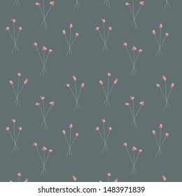 Seamless Minimal Flower Bouquet In Retro Sixties Style Dark Gray Background Vector Pattern